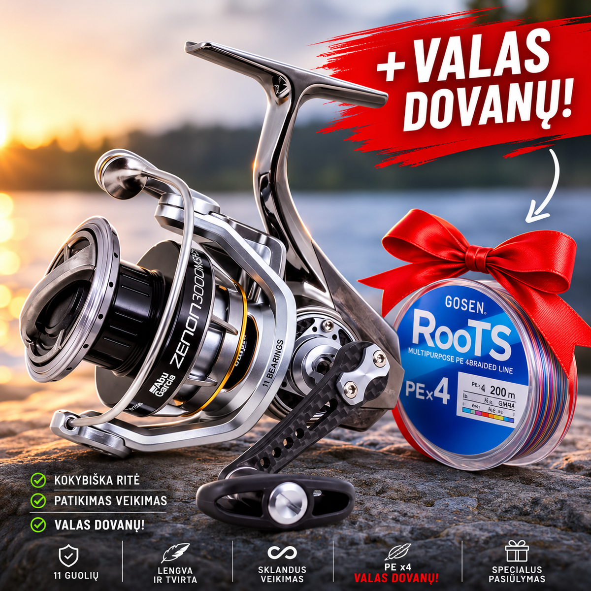 Abu Garcia ritė Zenon 2500MSH +Gosen Roots PEx4 #0.8 200m Multi Color Dovanų!